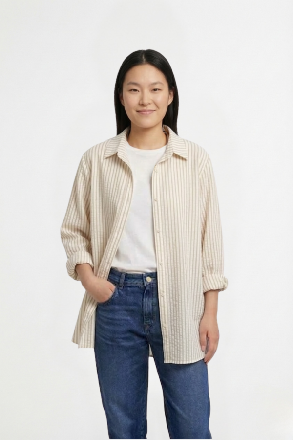 Camisa Larga Lino Rayado Manga Fruncida Sol Bordado "DELTA"