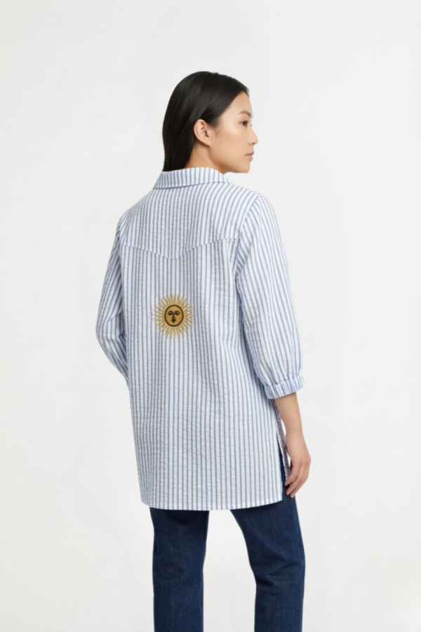 Camisa Larga Lino Rayado Manga Fruncida Sol Bordado "DELTA"