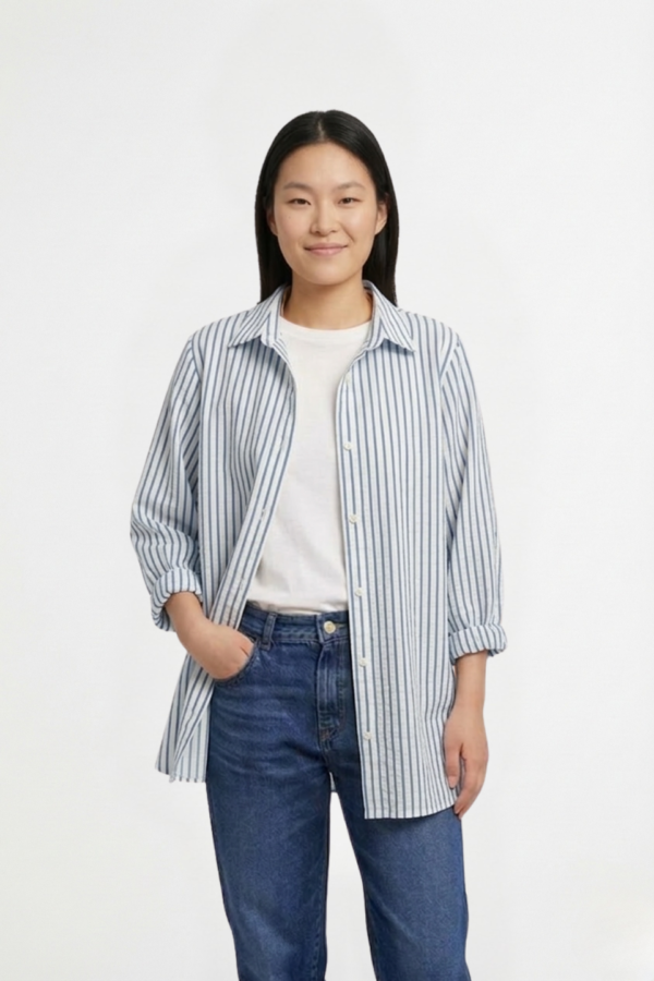 Camisa Larga Lino Rayado Manga Fruncida Sol Bordado "DELTA"