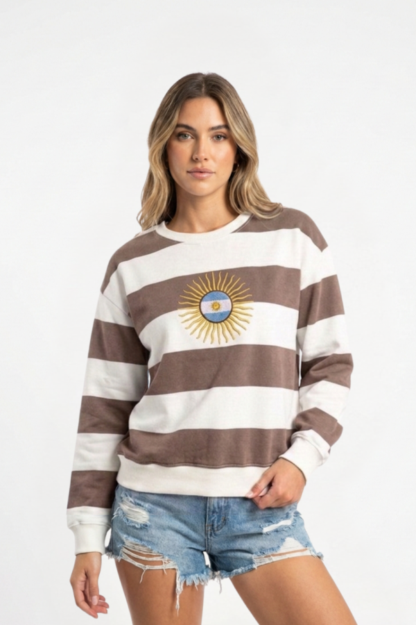 Buzo Frisado Cuello Redondo Rayado Sol De Mayo Centro Bandera Bordado "DINAMICO"