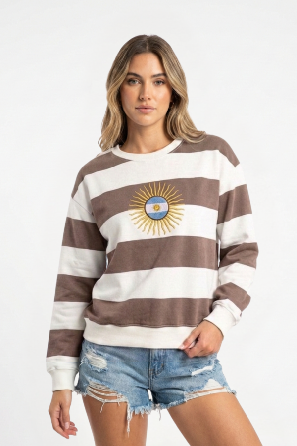 Buzo Frisado Cuello Redondo Rayado Sol De Mayo Centro Bandera Bordado "DINAMICO"
