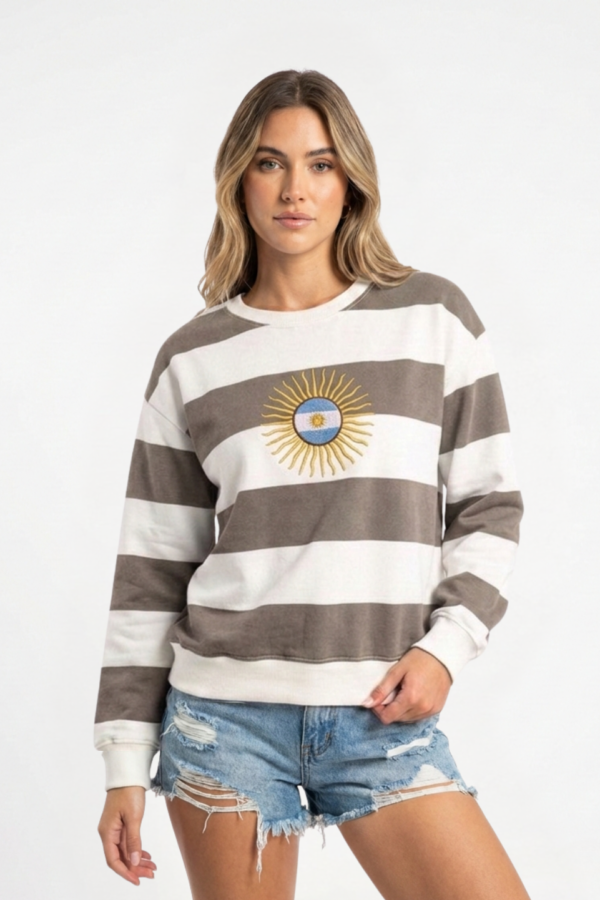 Buzo Frisado Cuello Redondo Rayado Sol De Mayo Centro Bandera Bordado "DINAMICO"