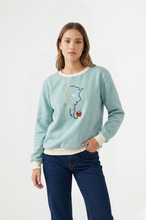 Buzo Frisado Combinado Cuello Redondo Argentina Mapa Con Mate Bordado "INDEPENDENCIA"