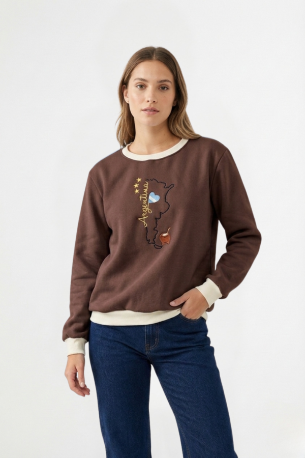 Buzo Frisado Combinado Cuello Redondo Argentina Mapa Con Mate Bordado "INDEPENDENCIA"