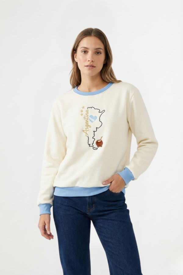 Buzo Frisado Combinado Cuello Redondo Argentina Mapa Con Mate Bordado "INDEPENDENCIA"