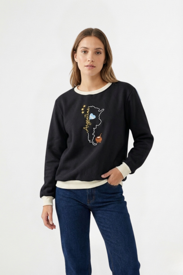 Buzo Frisado Combinado Cuello Redondo Argentina Mapa Con Mate Bordado "INDEPENDENCIA"