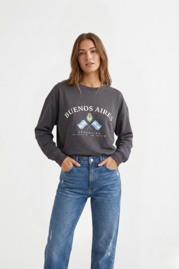 Buzo Rustico Frisado Cuello Redondo Buenos Aires Escudo Y 2 Banderas En DTF "LENA"