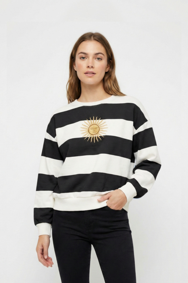 Buzo Boxy Frisado Cuello Redondo Rayado Sol De Mayo Bordado "MONTI"