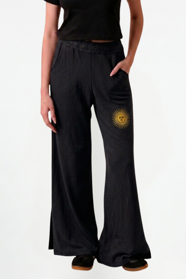 Palazzo Wide Leg Rustico Frisado Con Tajo Y Sol Bordado "CLOVER"