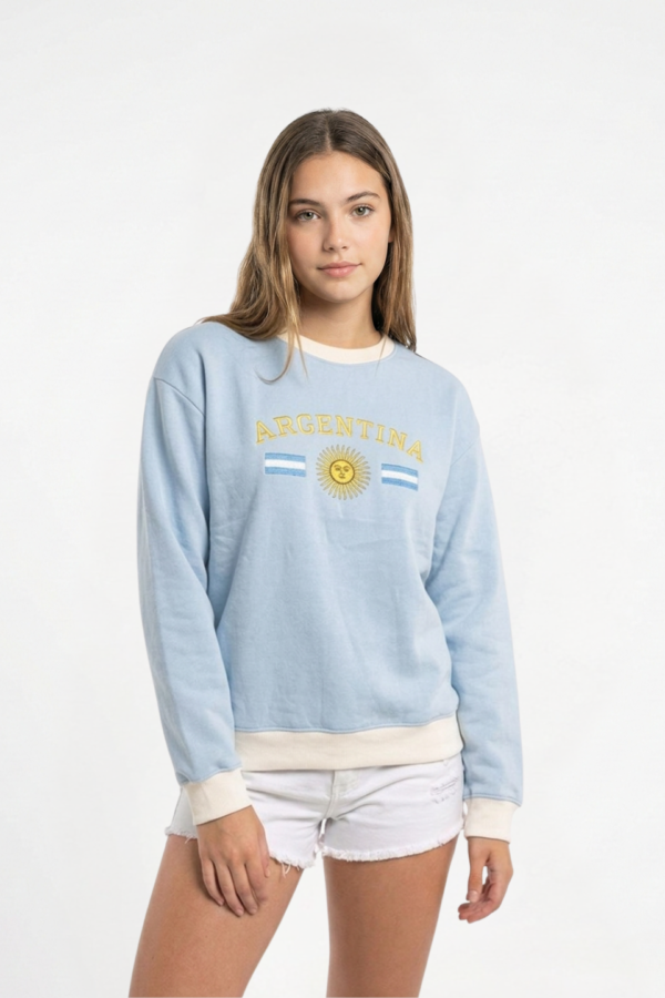 Buzo Frisado Cuello Redondo Argentina Con Sol Y 2 Banderas Bordado "PEYTON"