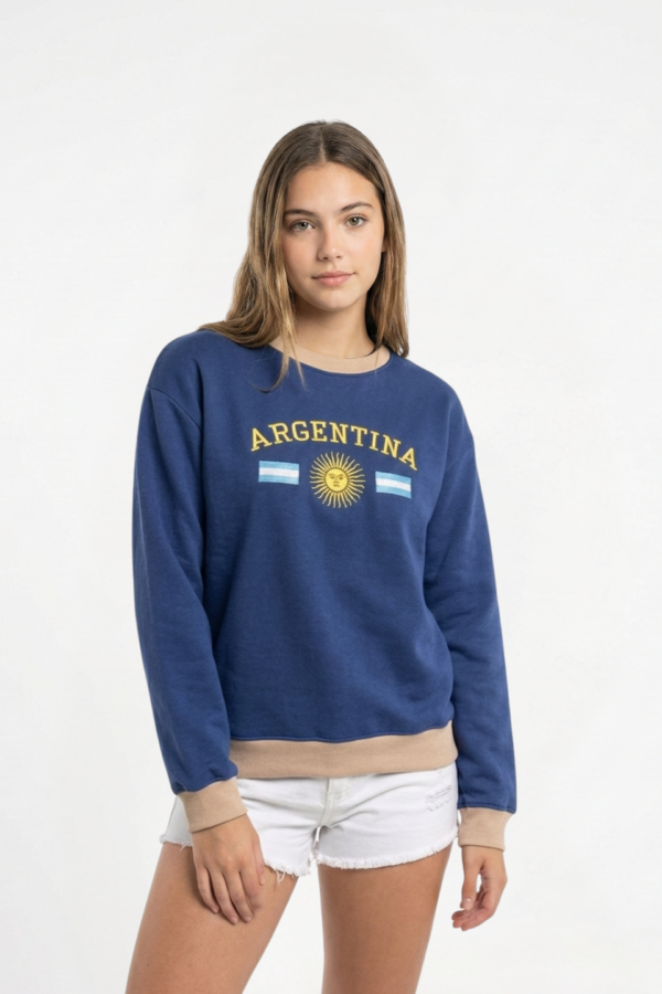 Buzo Frisado Cuello Redondo Argentina Con Sol Y 2 Banderas Bordado "PEYTON"