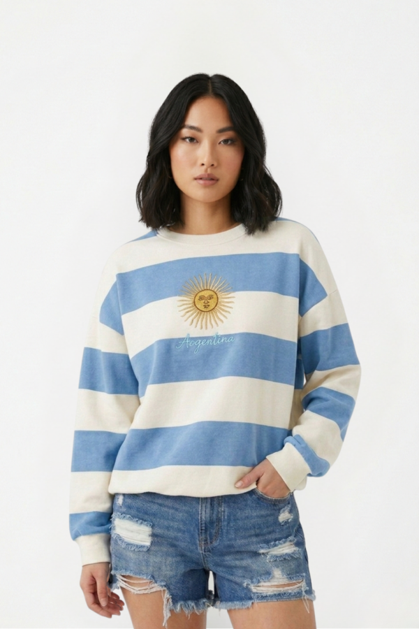 Buzo Frisado Cuello Redondo Rayado Sol De Mayo Y Argentina Bordado "TERCERA"