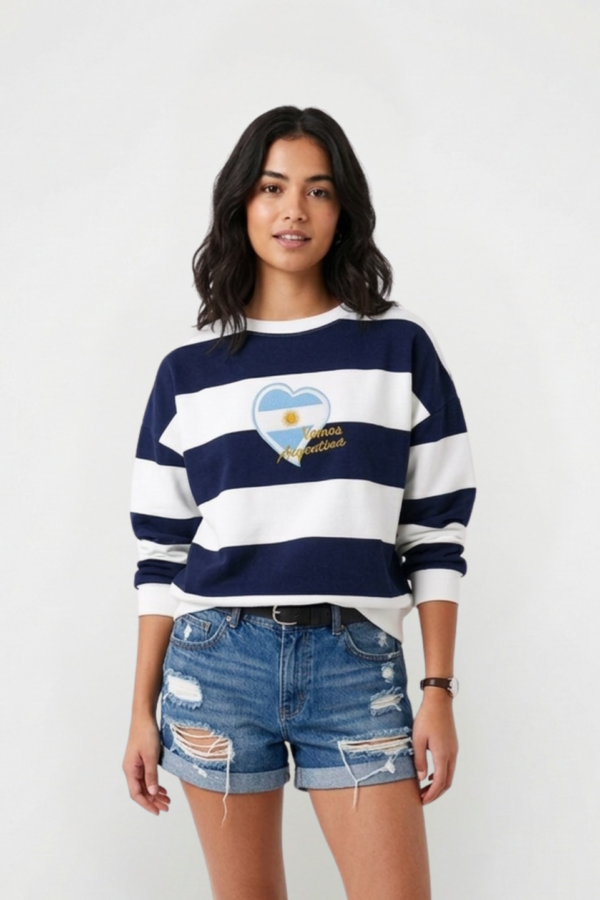 Buzo Frisado Cuello Redondo Rayado Corazon Mapa Argentina Bordado "VAMOS"