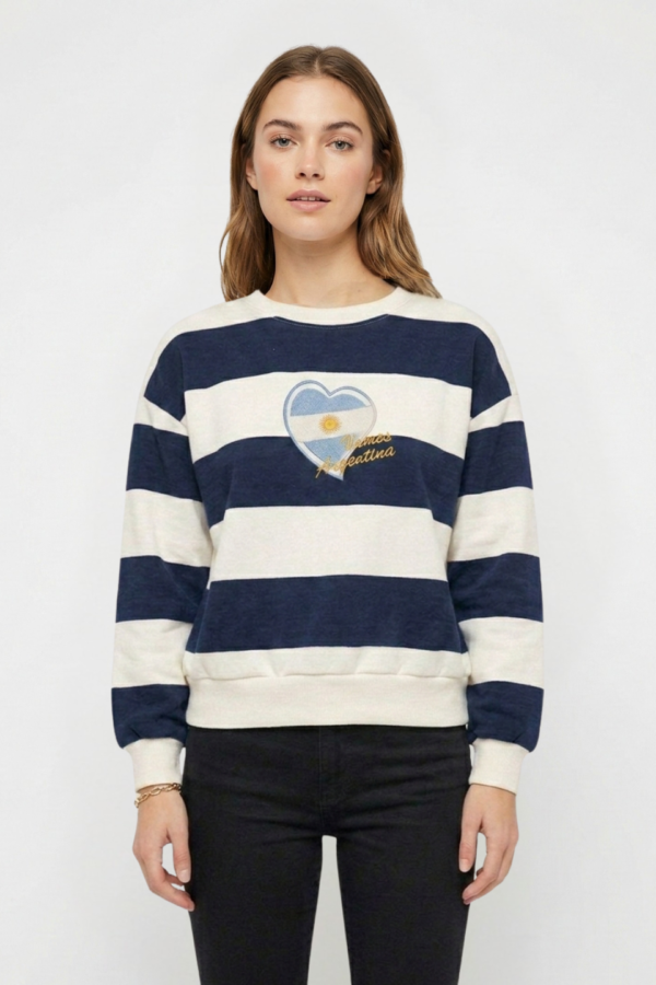 Buzo Frisado Cuello Redondo Rayado Corazon Mapa Argentina Bordado "VAMOS"