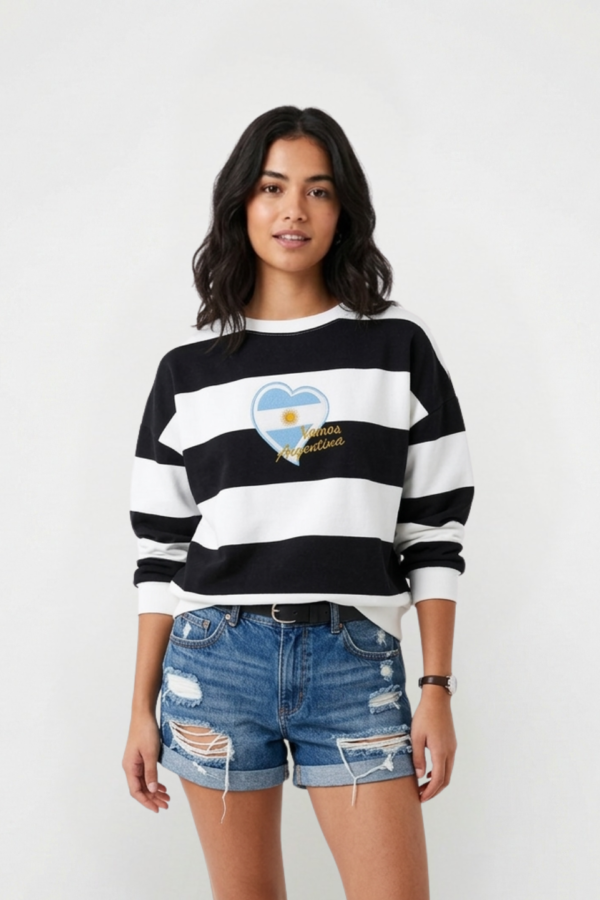 Buzo Frisado Cuello Redondo Rayado Corazon Mapa Argentina Bordado "VAMOS"