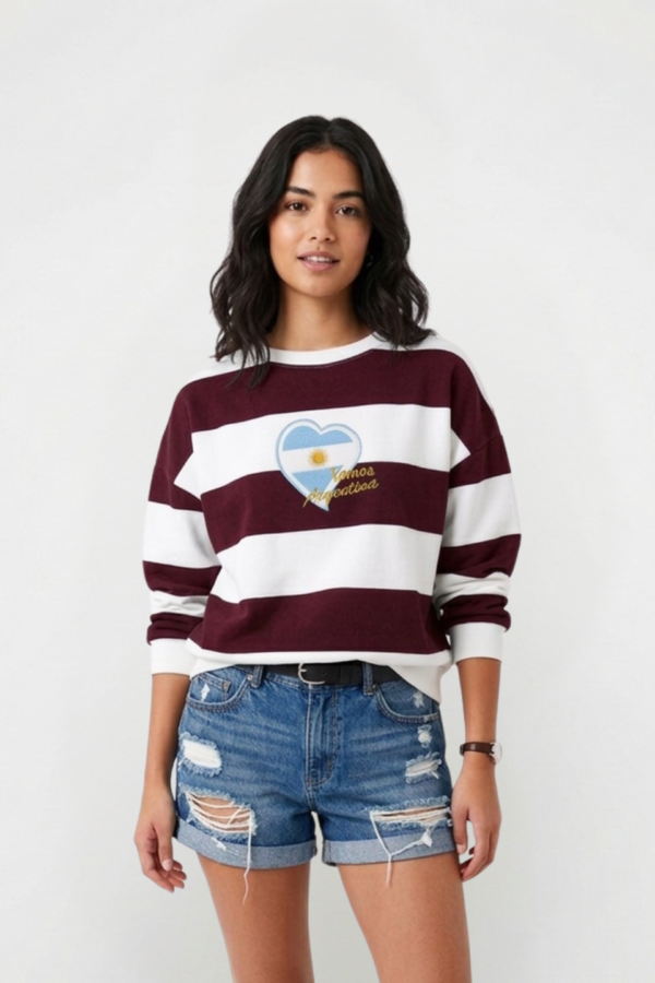 Buzo Frisado Cuello Redondo Rayado Corazon Mapa Argentina Bordado "VAMOS"