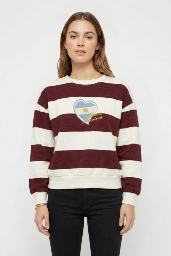 Buzo Frisado Cuello Redondo Rayado Corazon Mapa Argentina Bordado "VAMOS"
