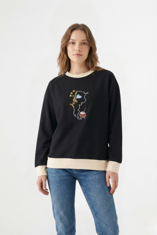 Buzo Rustico Lycra Cuello Redondo Combinado Argentina Mapa Con Mate Bordado "GLENDA"