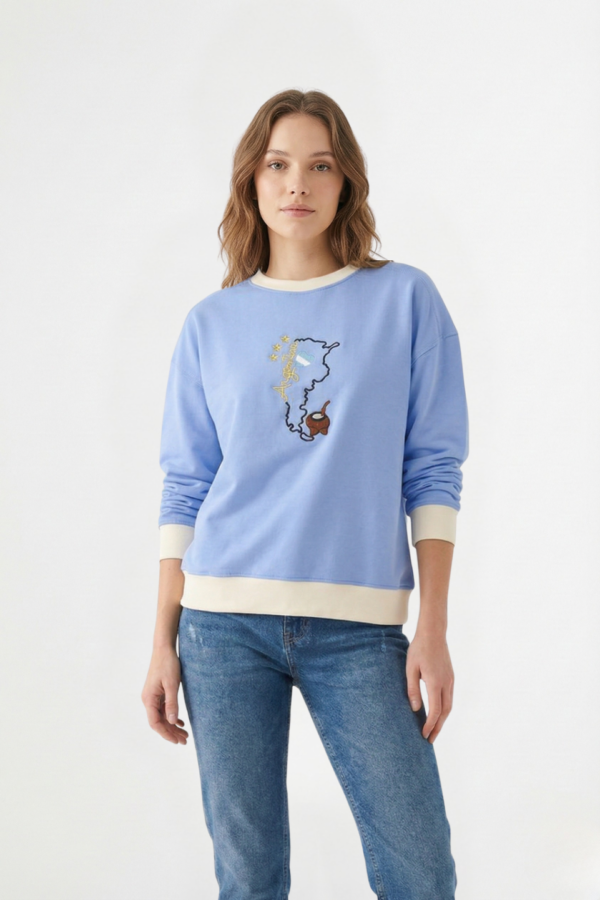 Buzo Rustico Lycra Cuello Redondo Combinado Argentina Mapa Con Mate Bordado "GLENDA"