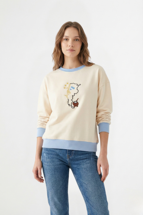 Buzo Rustico Lycra Cuello Redondo Combinado Argentina Mapa Con Mate Bordado "GLENDA"