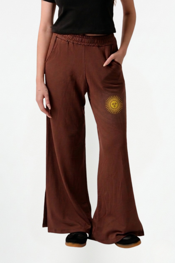 Palazzo Wide Leg Rustico Frisado Con Tajo Y Sol Bordado "CLOVER"