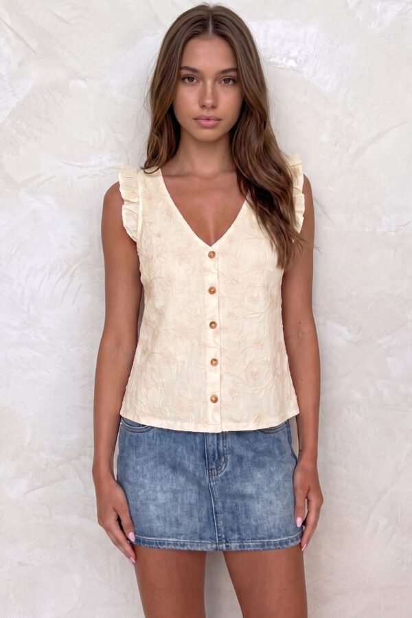 Musculosa Volado Con Botones Lino Bordado "CAMELIA"