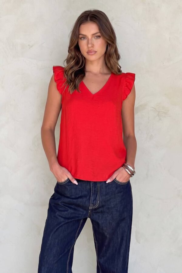 Musculosa Cuello V Cey Premium Liso Tiras Finas Para Atar Atras Y Manga Volado "GARY"