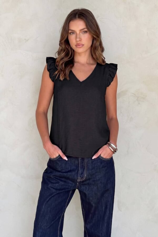 Musculosa Cuello V Cey Premium Liso Tiras Finas Para Atar Atras Y Manga Volado "GARY"