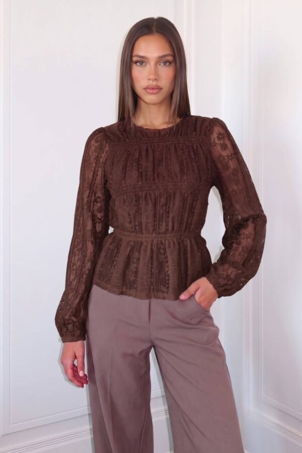 Blusa Flor Y 2 Volados Paris Lace Elastico "JAIA" - Chocolate, 3