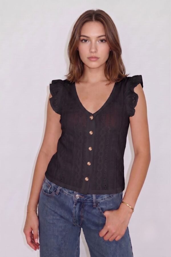 Musculosa Volado Con Botones Broderie Crep "JAMAICA" - Negro, M