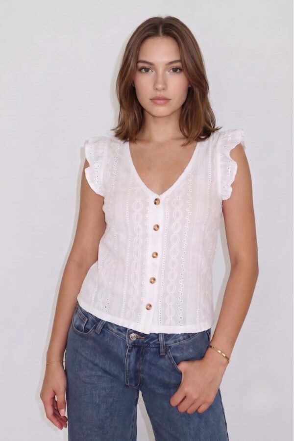Musculosa Volado Con Botones Broderie Crep "JAMAICA" - Crema, L