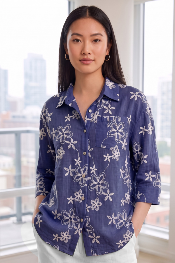 Camisa Lino Broderie Manga 3/4 "SMART"