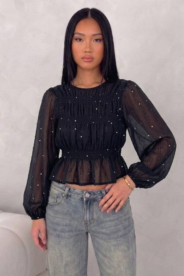 Blusa Manga Larga Fruncida Gasa Sequins Lentejuelas «VIAMO» - Negro, 3
