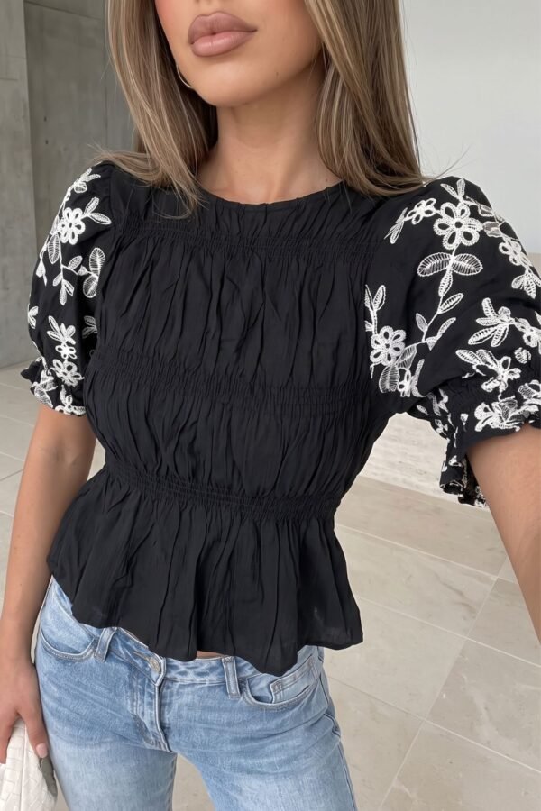 Blusa Bambula Combinada Manga Bordada Fruncida "BAMBU"