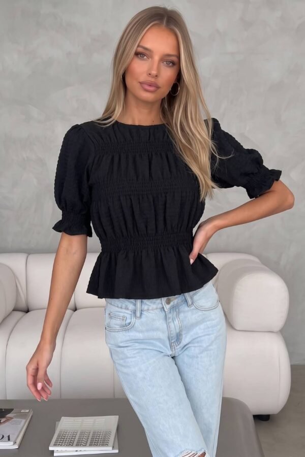 Blusa Texturizada Fruncida Manga Corta Frunce "CANALE"