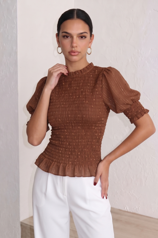 Blusa Frunce Todo El Cuerpo Manga Corta Gasa Lentejuela "SHERI"